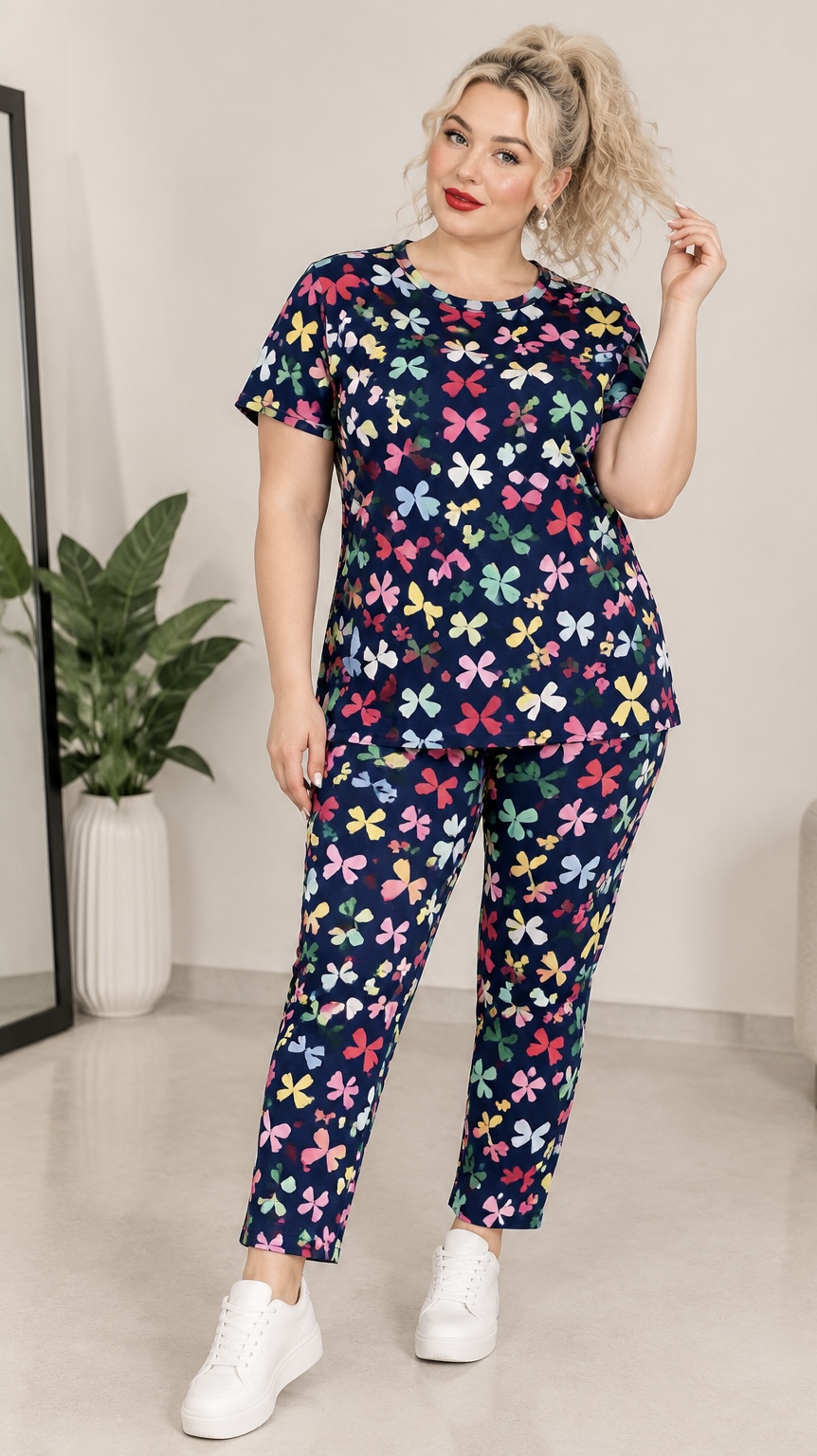 ست لباس و شلوار نخی گیاهی 9030 گل ابرنگی